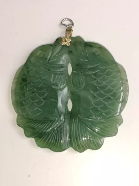 Anhänger Vintage chinesische grüne Jade groß 2 Fische geschnitzt Fengshui 5 cm