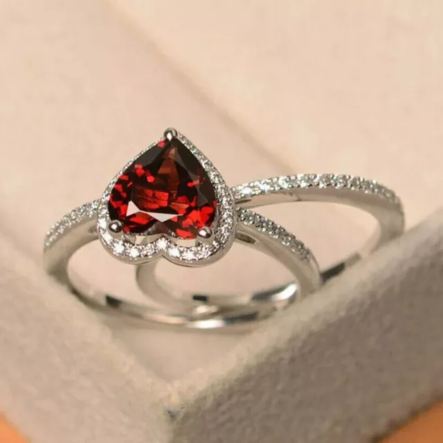 2.20 Ct Heart Cut Red Diamond Bridal Engagement Set Ring 14K White Gold Finish