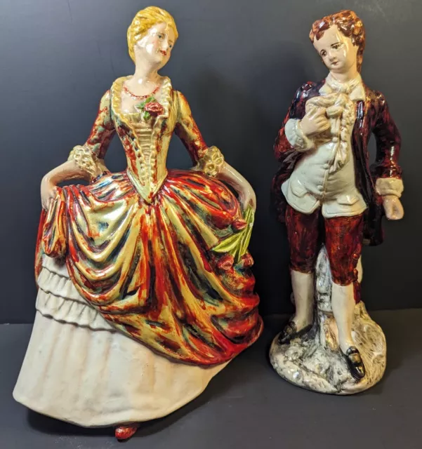 Antique Victorian Lady In Dress / Gentleman Chalkware Hand-Painted Figurines