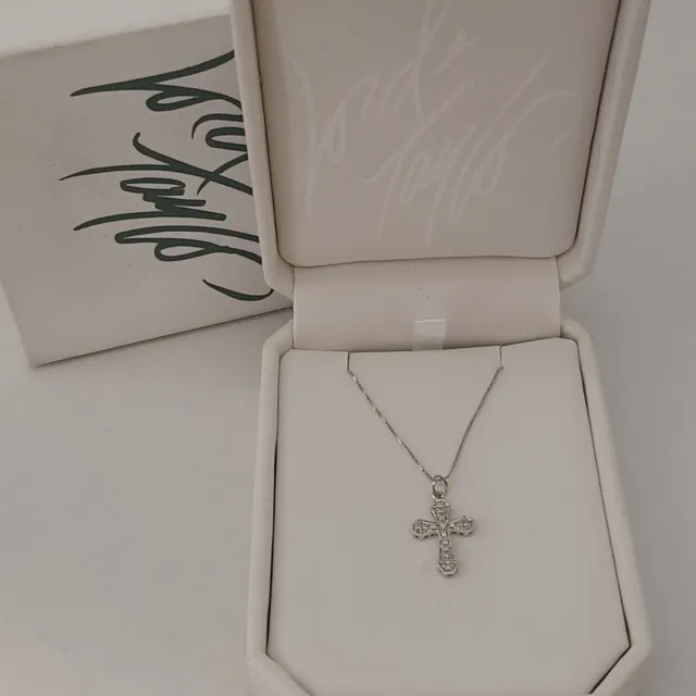 Lord And Taylor 14K White Gold Natural Diamonds 18In Cross Necklace In Box 1.9G