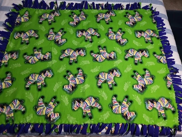 Hand Made Child / Crib Quilt Colorful Zebras Tied Edges Blue Green 51" X 40"