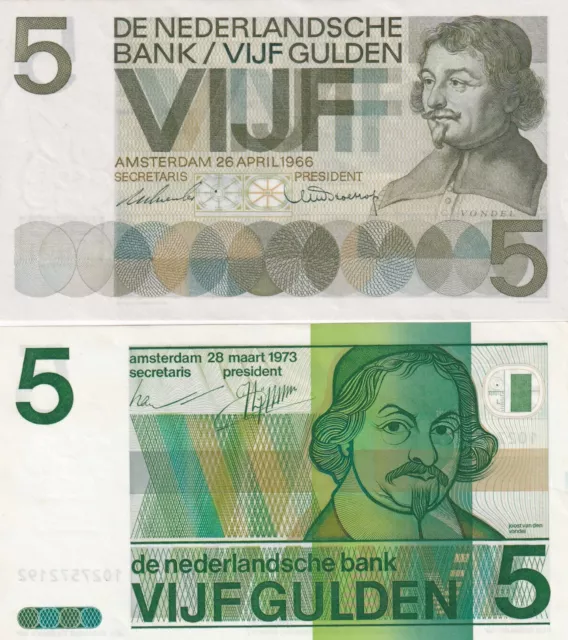 Lot 2 banknotes Netherlands 5 Gulden 1966-1973 UNC