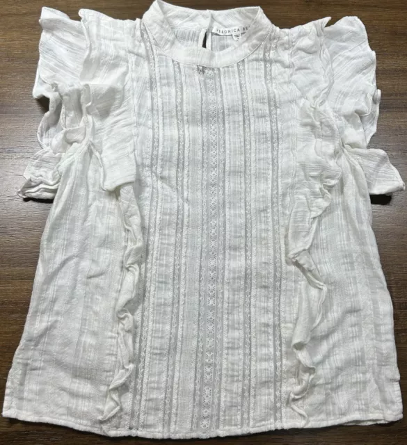 Veronica Beard Sol Ruffle Top White Lace-Trim Cotton Size 8 Cap Sleeve Blouse