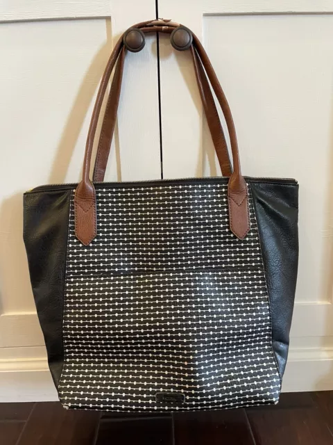 FOSSIL Brown And Black Leather Carryall Tote Bag Shoulder Purse Handbag