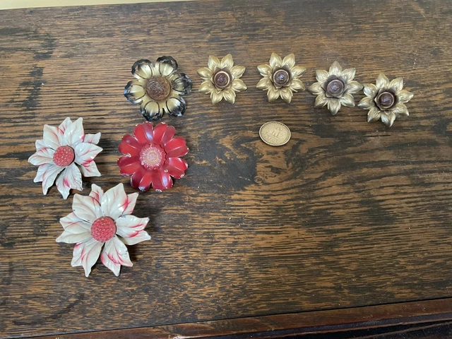 8 VINTAGE 1920's  METAL  & GLASS FLOWERS  CURTAIN  TIE  PIN  BACKS