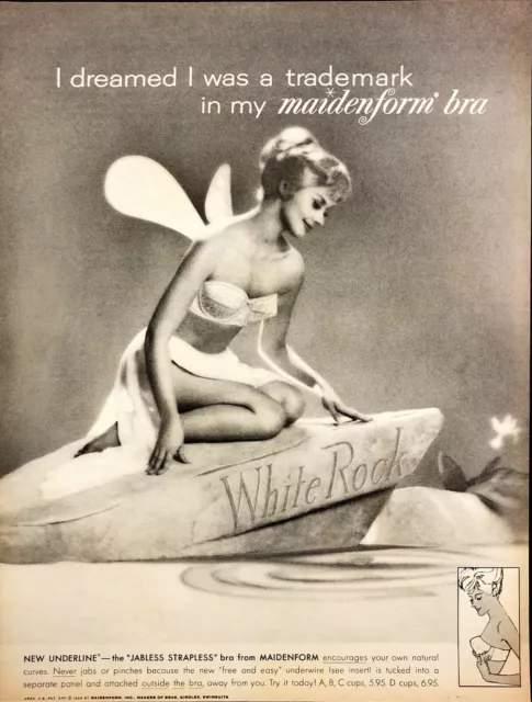 1962 Maidenform Strapless Bra  Print Ad Attractive Farie with Bra on White Rock
