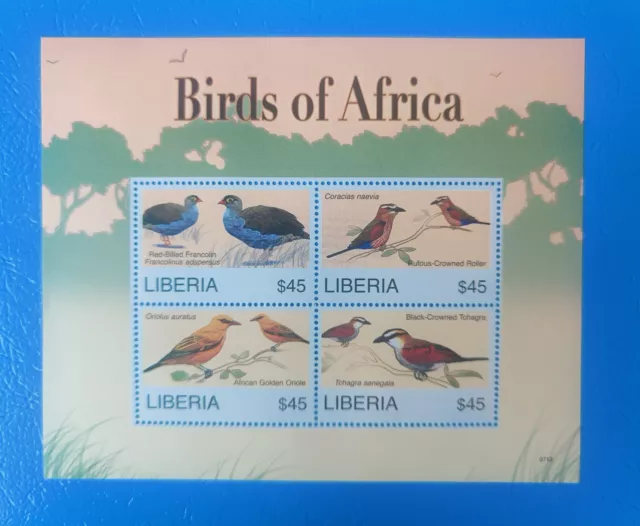 LIBERIA 2007 BIRDS OF AFRICA - FRANCOLIN ROLLER - 4v M/S bird stamps MNH
