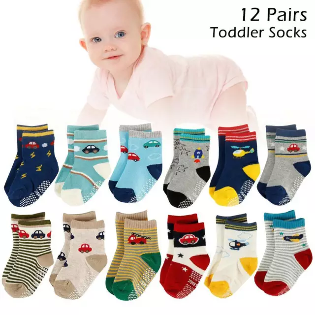 12Pairs Baby Kids Infant Socks Toddler Cotton Non-slip Socks 0-5Years Boy Girl·