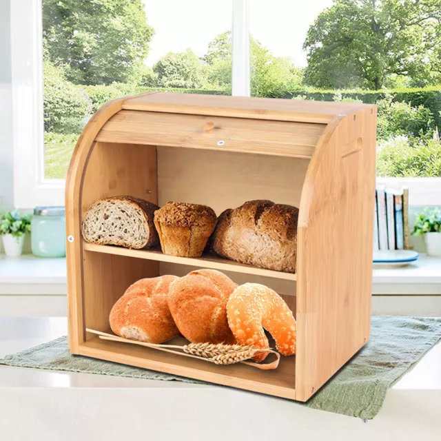 2-Layer Bread Box Bread Keeper Bamboo Wood With Lid Kitchen Storage Containers