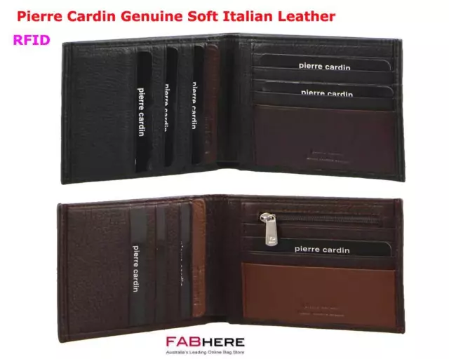 Pierre Cardin Mens Genuine Italian Leather Bifold Wallet Black Brown Tan Mix