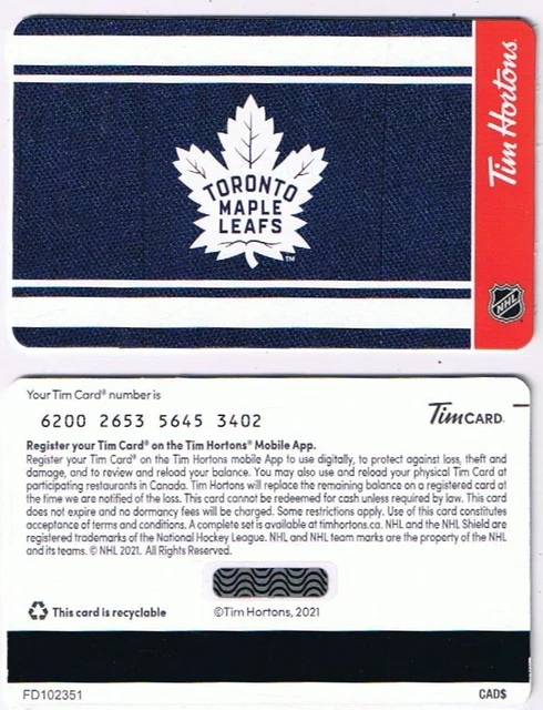 Tim Horton's 2021 Timcard Gift Card Toronto Maple Leafs No Value