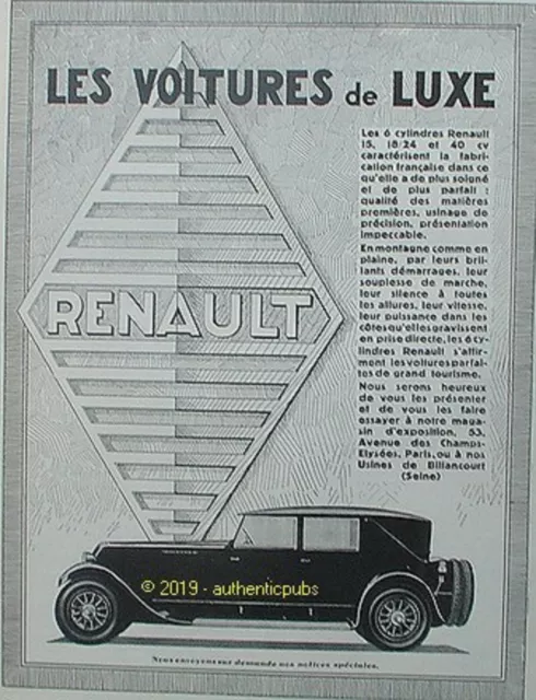 Publicite Renault Les Voiture De Luxe Les 6 Cylindres 15 18/24 40 Cv De 1927 Ad