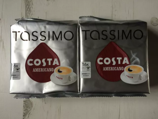 Tassimo Costa Americano Coffee 2 Packs 32x Large Cup Size 220ml T Disc Pods