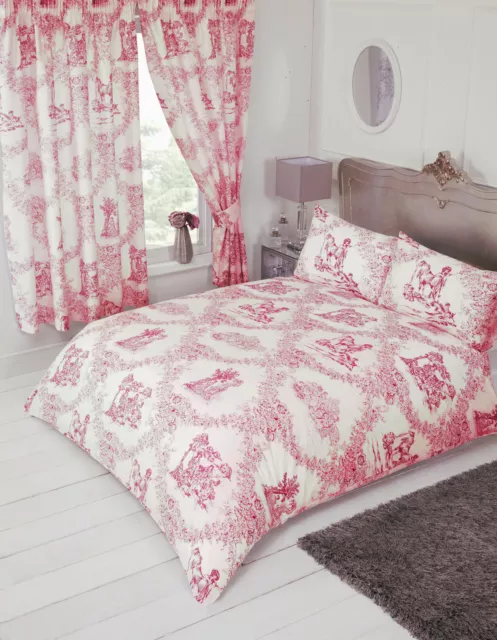 Toile De Jouy Red White Floral Country Horse Dog Coral Pink Bedding Or Curtains