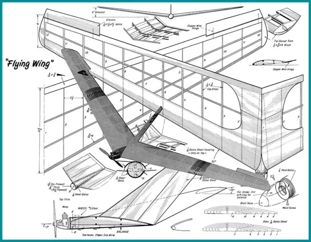 Model Airplane Plans (FF/RC): Flying Wing 56" Wingspan for 1/2A (Air Trails '51)