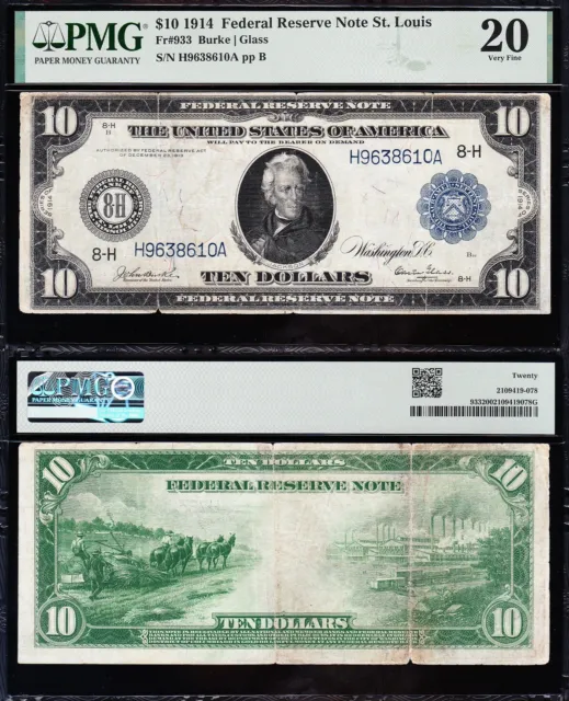 VERY NICE Bold & Crisp VF 1914 $10 ST. LOUIS Federal Reserve Note! PMG 20! 38610