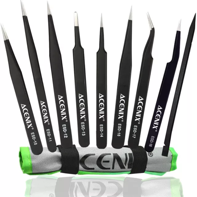ACENIX® 8 Pcs Set Professional Precision ESD Anti-Static Tweezers + Black Nylon