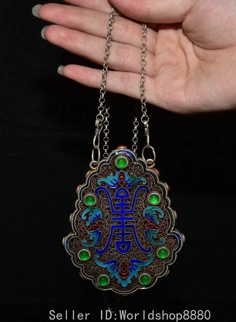 3.6" Ancient China Dynasty Silver Inaly Green Jade Foshou Bat Ornaments Necklace