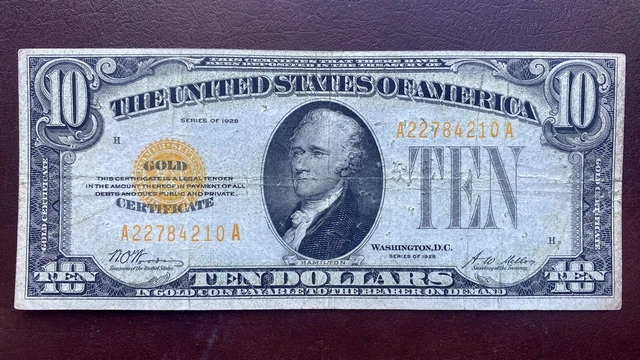 1928 Ten Dollar Gold Certificate $10 Bill Better Grade Note #56366