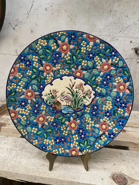 Ancien Plat Assiette Emaux De Longwy 32 Cm Diametre