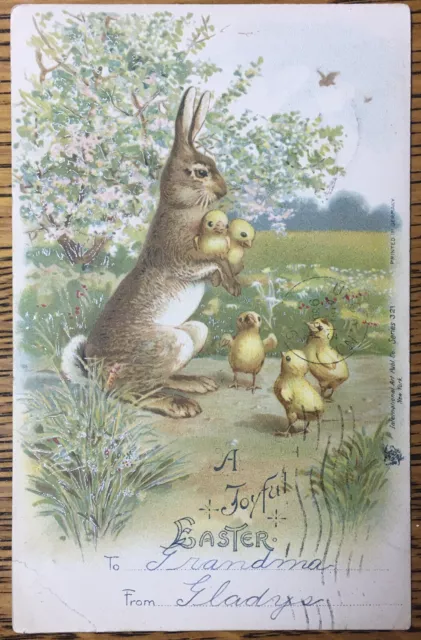 A Joyful Easter Antique Postcard, Rabbit, Chicks, Posted Ilion, New York, 1936