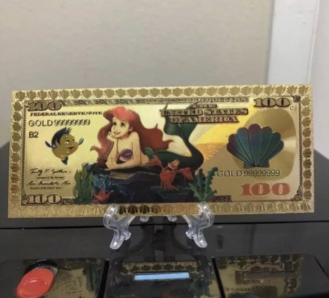 24k Gold Foil Plated Little Mermaid Disney Princess Banknote Collectible