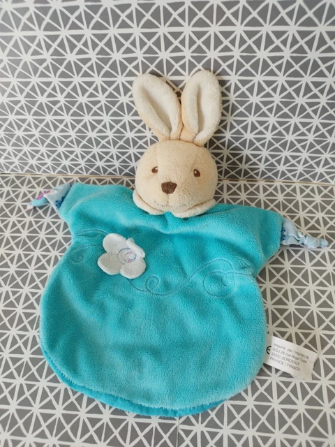 Doudou plat marionnette lapin bleu beige fleur SIDJ