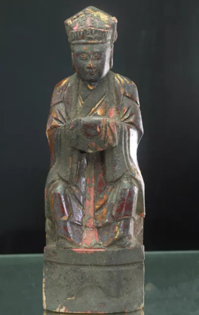 Antike Figur Holz Statuette sitzender Würdenträger Reliquiar Restfassung 25cm