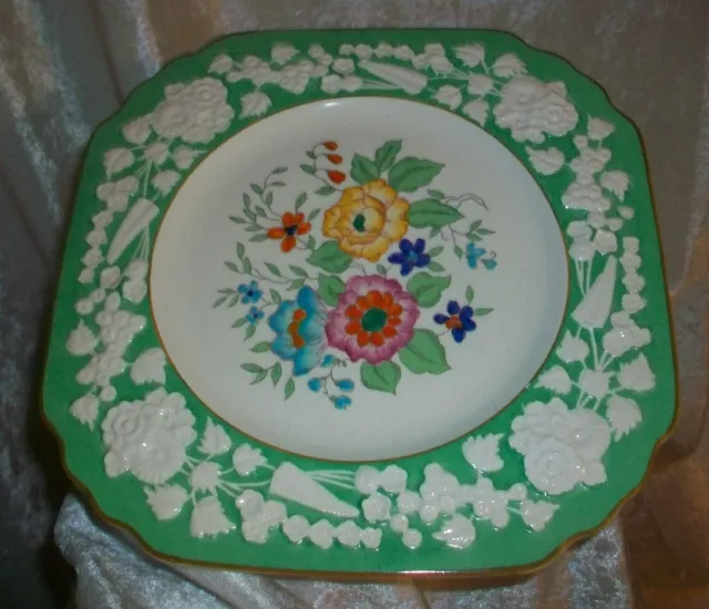 Antique George Jones & Sons Crescent Rhapsody Green Floral Square Plate England