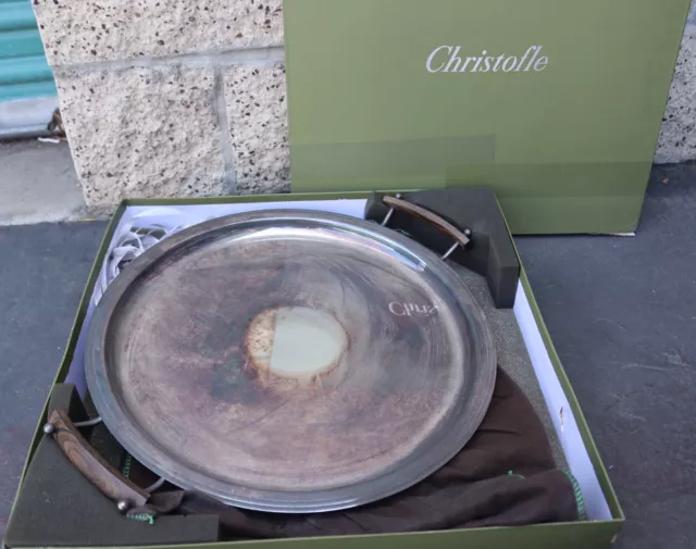 Rare Christofle Silverplate Round Serving Tray Platter w/ Wood Handles 16" & Box