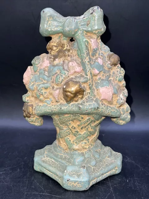 Antique Cast Iron Polychrome Flower Basket Door Stop