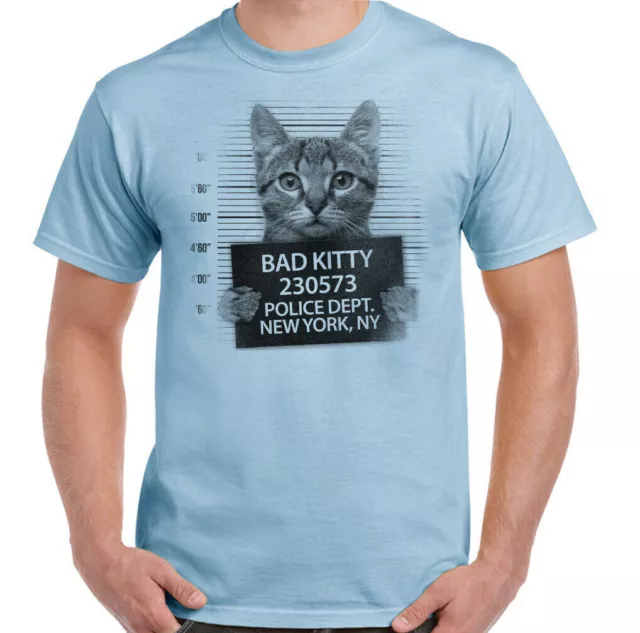 Cat T-Shirt Bad Kitty Mens Funny Mugshot Pussy Kitten Pet Animal Feline Jail Top