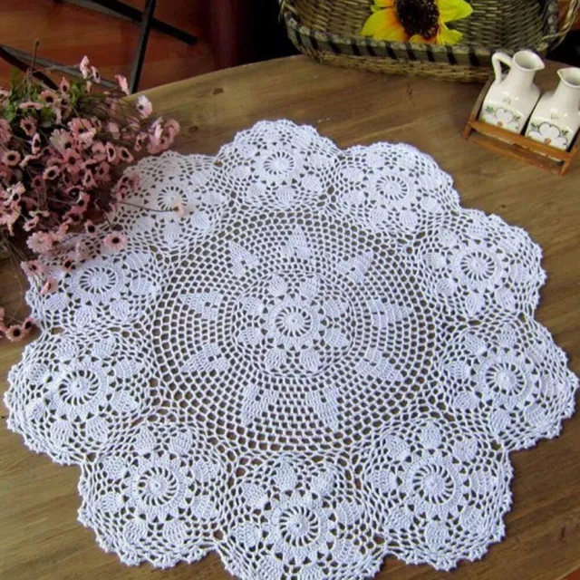 23" White Vintage Hand Crochet Lace Doily Round Cotton Table Cloth Topper Flower