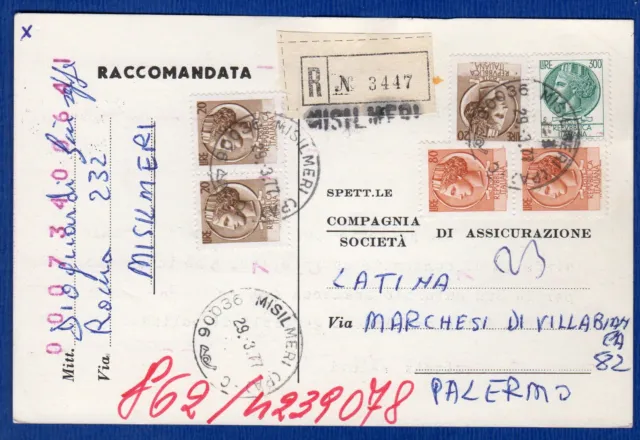 ITALIA - CART. RACC. AFF. con 3x20+2x80+300 L SIR. da MISILMERI(PA) il 29-3-1977