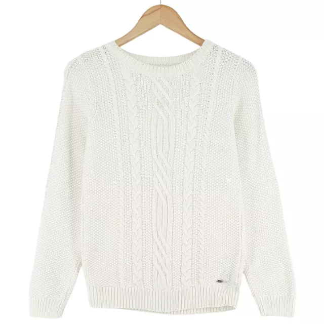 GANT Blanc Câble Tricot Pull Col Rond Femmes TAILLE S