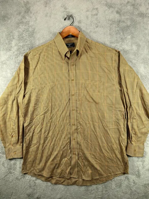 LANDRYS Button Dress Shirt Mens Large Brown Houndstooth Wrinkle Free Single Poin