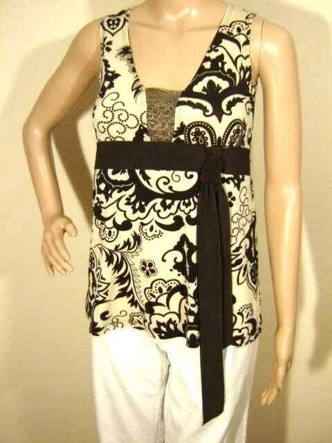 Sleeveless Top XS Lace Inset Babydoll Empire Bow Tie Silky Brown Beige Print