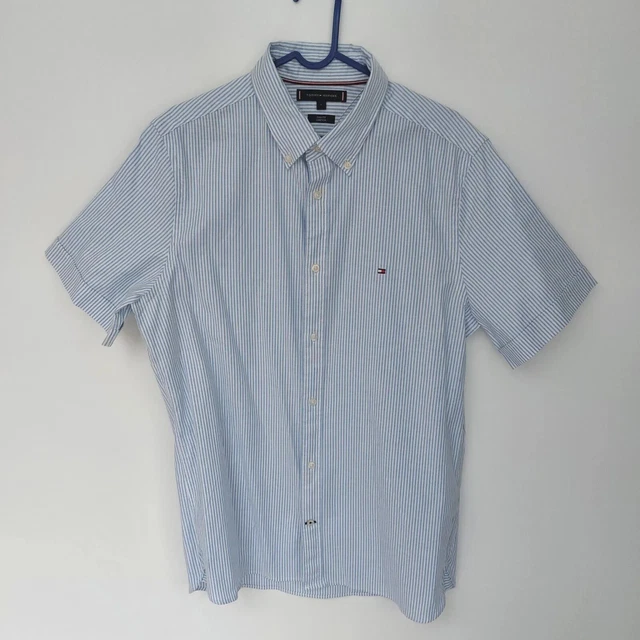 Camicia a righe Tommy Hilfiger da uomo a maniche corte vestibilità slim nuova con etichette / grande / blu