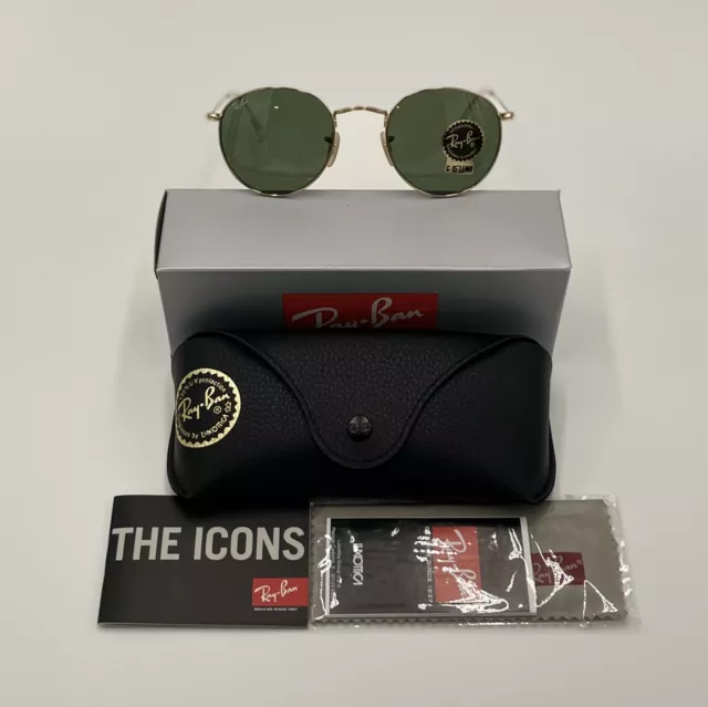 New Ray-Ban Round Metal Polish Gold RB3447 001 50-21 with Green G-15 lens 3