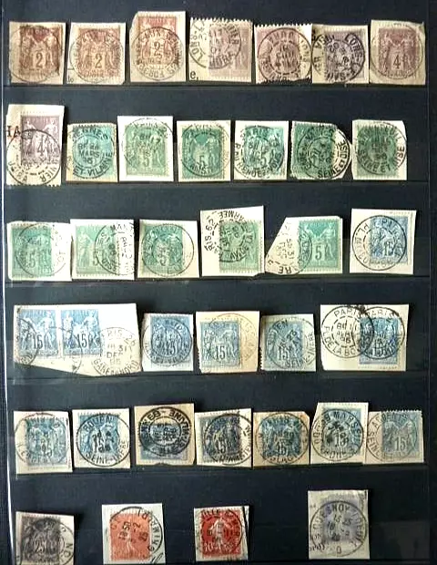 LOT DE 37 TIMBRES OBLITEREES SUR FRAGMENTS (TYPE  SAGE & SEMEUSE) - Cote 90 €.