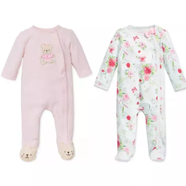 LITTLE ME Baby Girls Sweet Bear & Floral-Print Footed Coverall 2 Pack - 3 Months