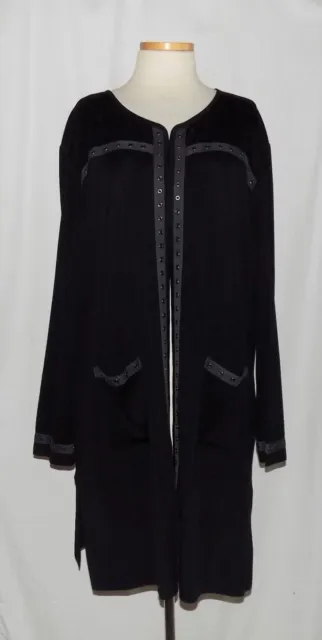 Misook Woman Black Knit Metal Eyelet Grommet Trim Open Front Cardigan Jacket 2X