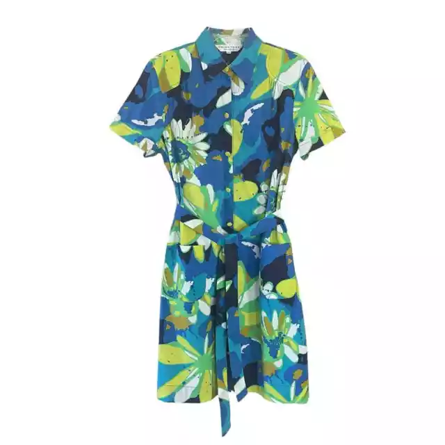 TRINA TURK Size 12 Blue Green Floral Mod Print Button Up Short Sleeve Dress EUC