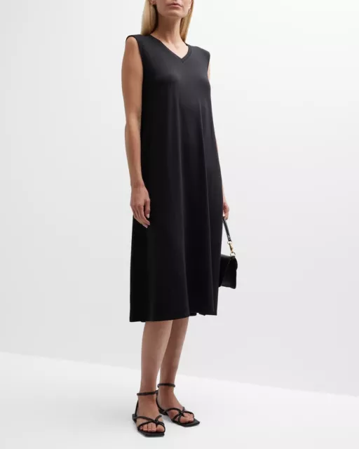 NWT $198 Eileen Fisher Black Sleeveless V Neck Sheath Midi Dress Sz Medium NEW