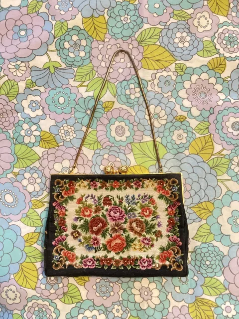 50s/60s Floral Needlepoint Victorian Style Purse Handbag Clutch