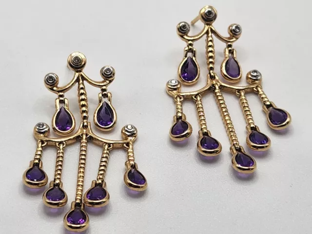 1.75" Yellow Gold 14k Dangle Chandelier Earrings Pear Purple Amethyst & Diamonds