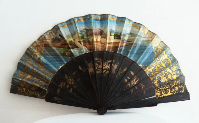 ABANICO PINTADO SIGLO XIX  REVERSO ESCENAS CHINESCAS DORADAS china decoracion