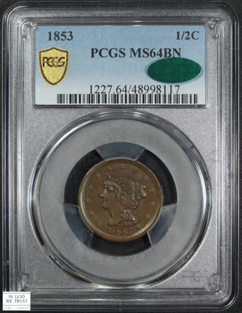 1853 Braided Hair Copper Half Cent 1/2C PCGS MS 64 BN CAC