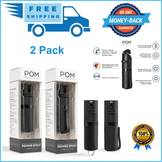 2 x POM Pepper Spray Pack Clip & Keychain Maximum Strength OC Spray Self Defense