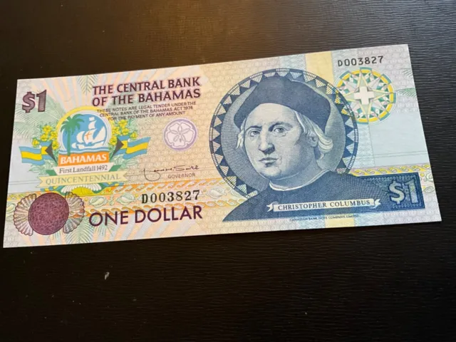 1 Bahamas Dollar banknote. Christopher Columbus.